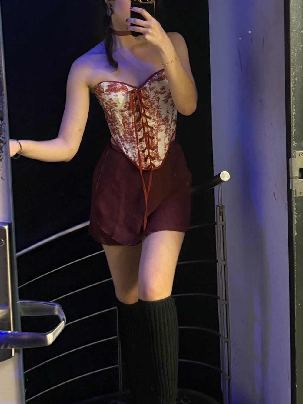 Red Toile Lace-Up Corset Top